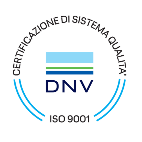 Logo della certificazione di qualità DNV ISO 9001: emblema circolare con testo ed elementi grafici stilizzati.