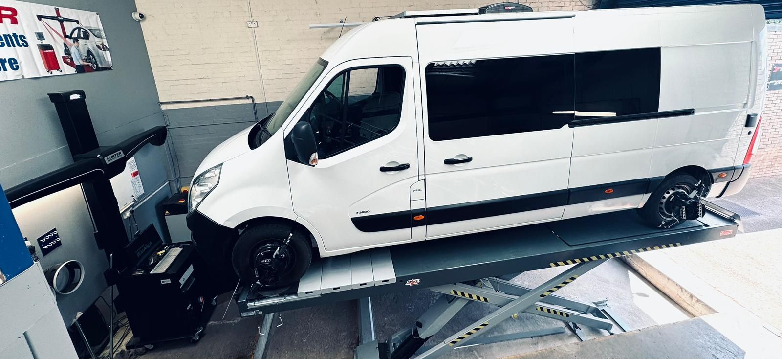 A long wheelbase vehicle receiving a Hunter Wheel Alignment Check / Test