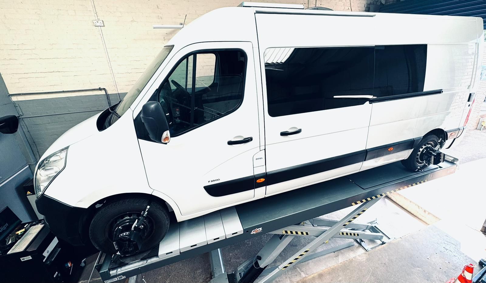A long wheelbase vehicle receiving a Hunter Wheel Alignment Check / Test