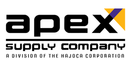 Logo for Apex Supply Company, with text in black, a yellow and purple arrow, and a tagline 