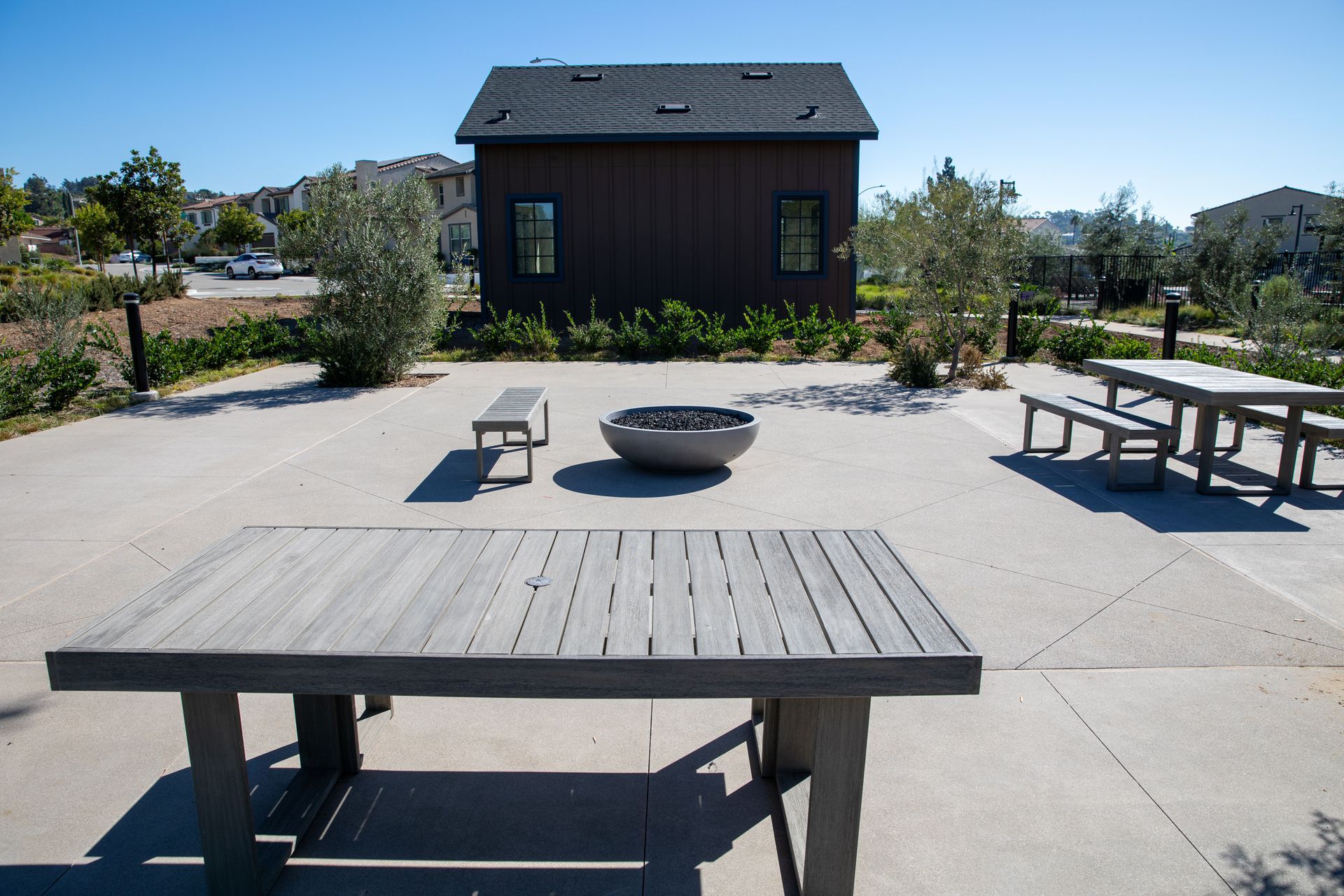 A picnic table with a fire pit in the background
