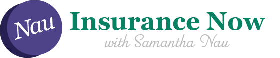 Insurance Now logo with purple circle icon and green text, “with Samantha Nau” in gray script
