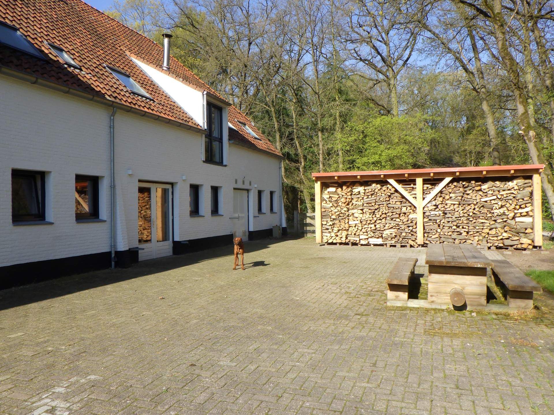 White house with red roof beside stacked firewood and a picnic table in a sunny yard