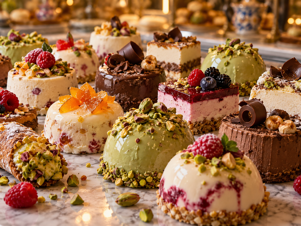 Assortimento di mini dessert decorati con frutta, frutta secca e cioccolato, disposti su una tavola festiva