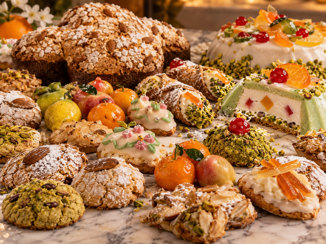 Assortimento di torte e pasticcini festivi spolverati di zucchero a velo su un tavolo da dessert