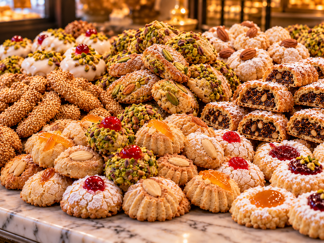 Assortimento di pasticcini e biscotti decorati esposti su un vassoio da pasticceria