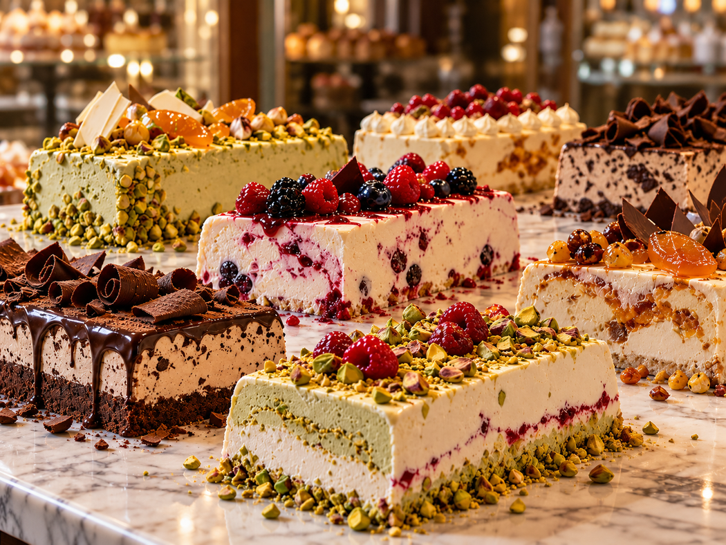 Fette assortite di cheesecake decorate con frutti di bosco, cioccolato e pistacchi su un bancone di marmo