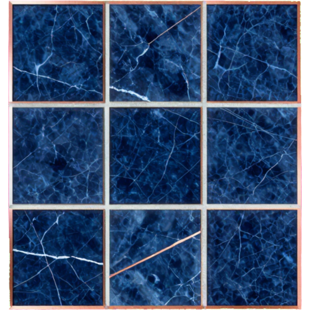 Nueve fichas azules que parecen canicas, dispuestas en una cuadrícula de 3×3 con finos bordes color melocotón.