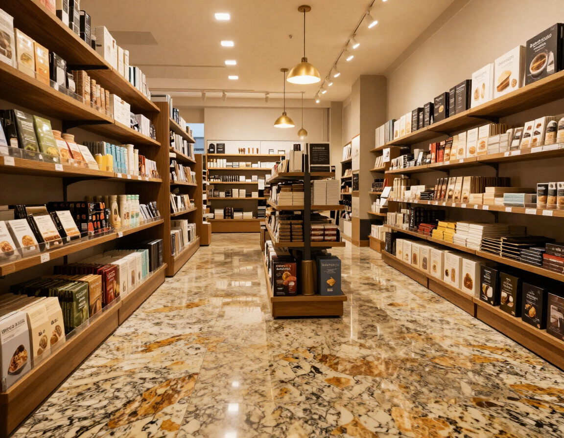 Un pasillo de supermercado bien iluminado, con estanterías de madera, productos envasados y un suelo de baldosas estampadas