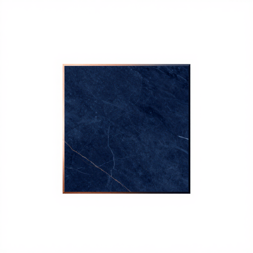 Baldosa cuadrada con textura de mármol azul oscuro y bordes finos color cobre sobre fondo blanco