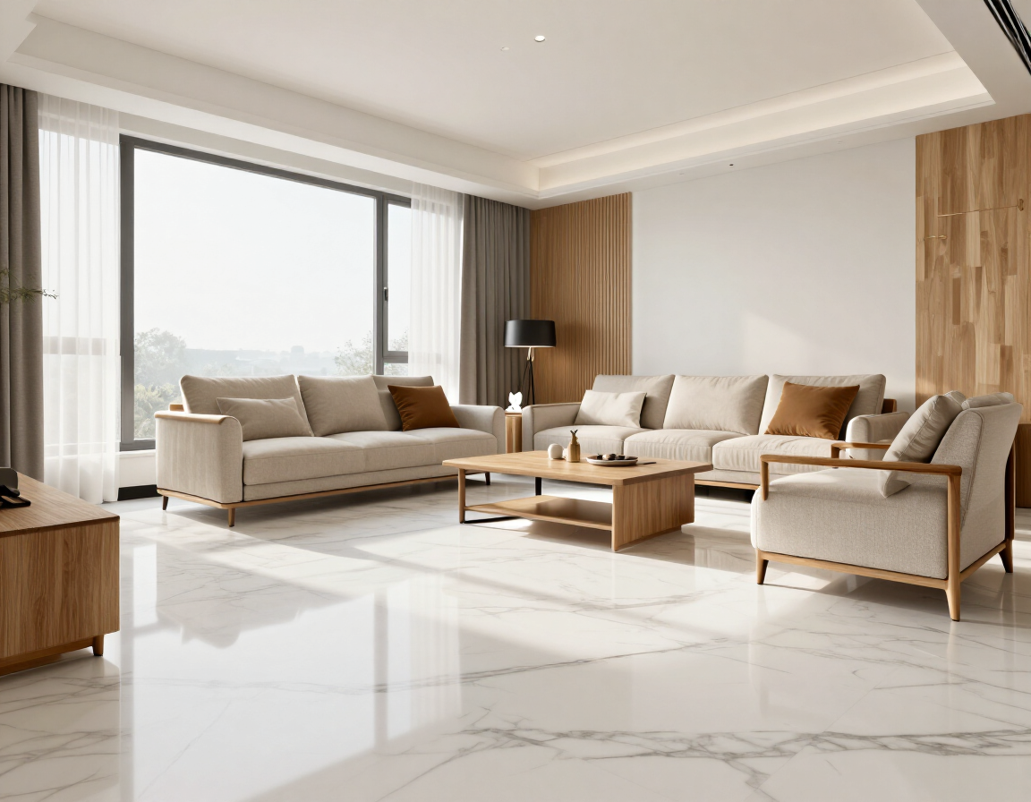Salón moderno en tonos beige, con sofá seccional, sillones