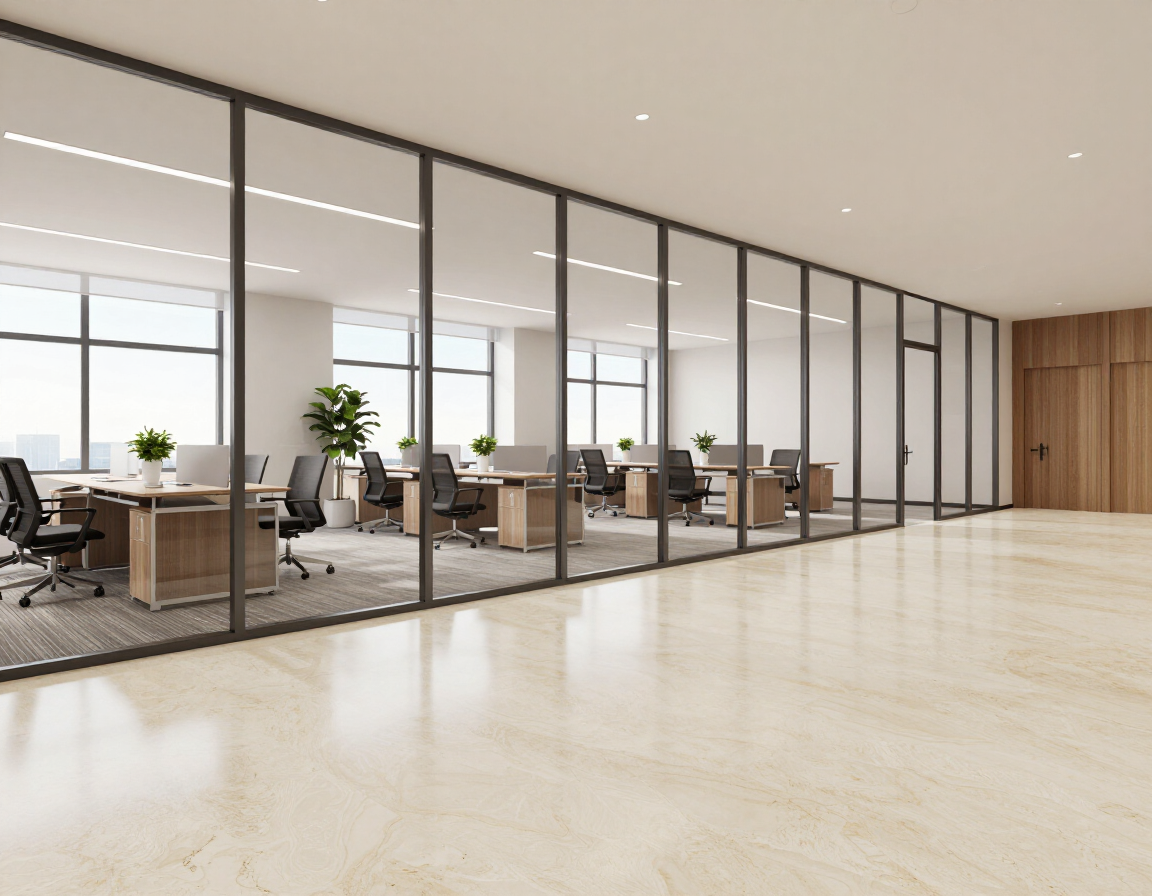 Interior de oficina moderna con espacios de trabajo delimitados por paredes de cristal
