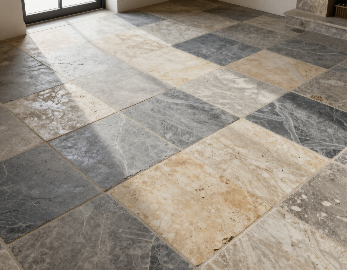 Suelo de baldosas de piedra con diseño patchwork en gris, beige y crema, junto a una ventana.