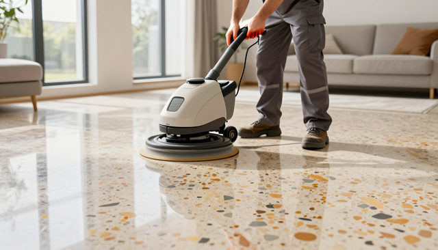 Una persona usando una pulidora de suelos sobre un piso de mármol moteado en una habitación luminosa
