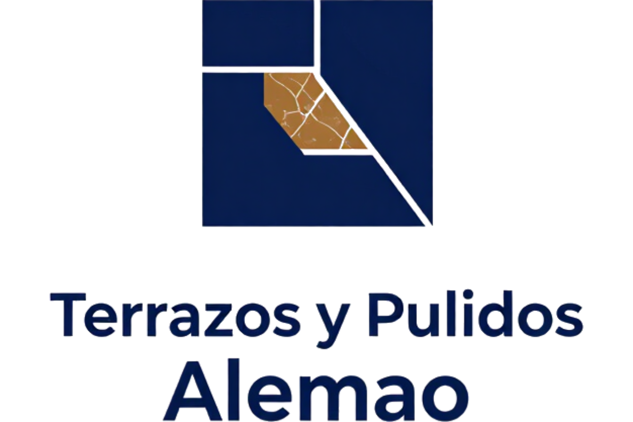 Logo de Terrazos y Pulidos Alemao con fondo azul y un mosaico marrón