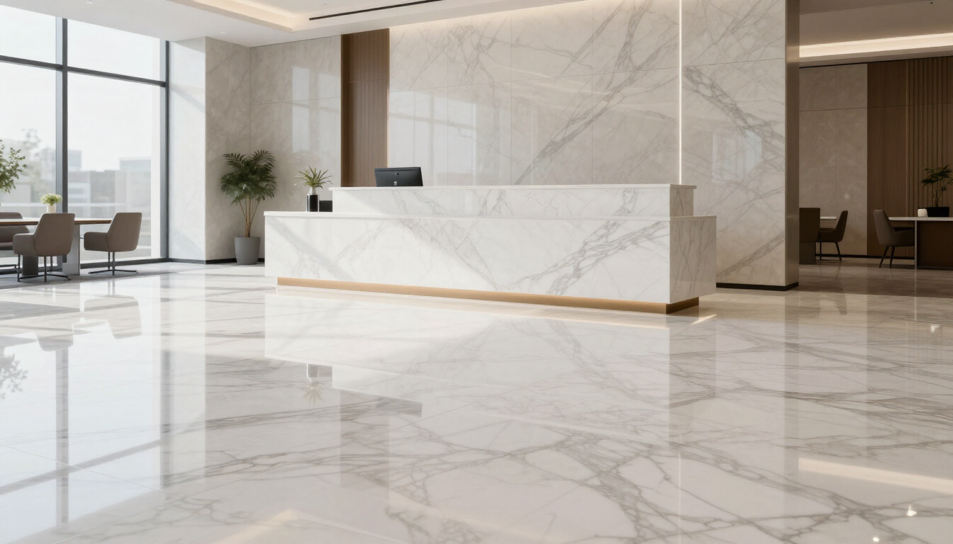 Vestíbulo moderno de hotel con mostrador de recepción de mármol y suelo blanco brillante, iluminado por una suave luz natural