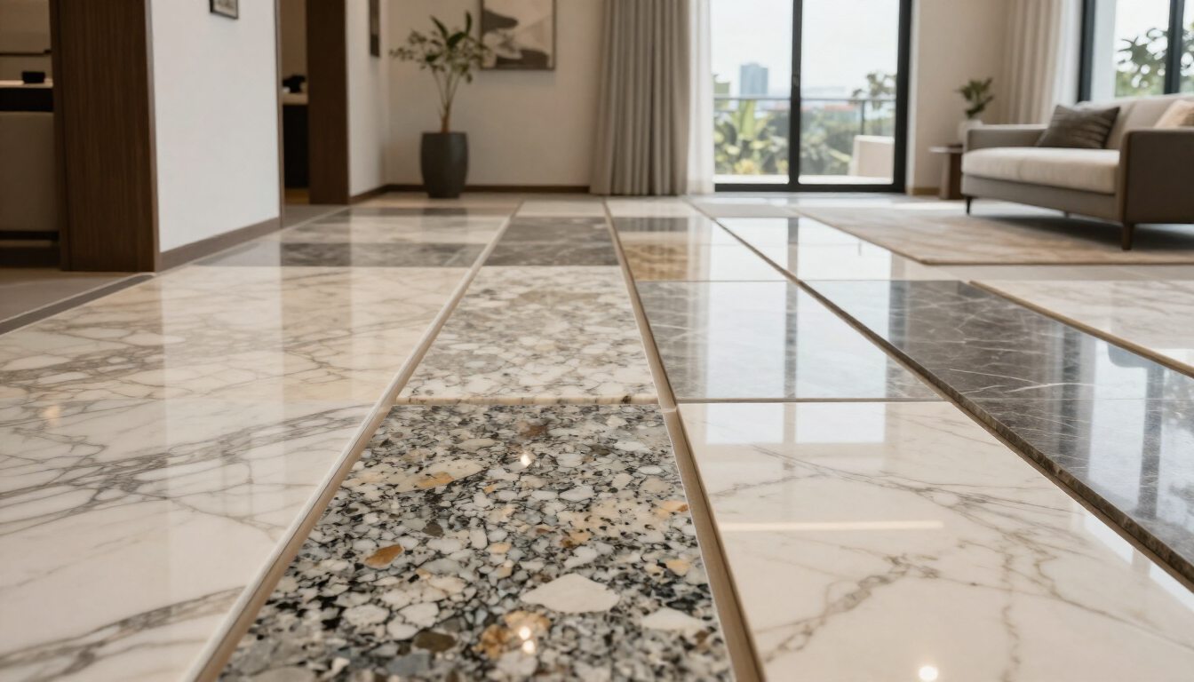 Salón moderno con suelo de mármol pulido, sofá, cortinas y puertas de balcón con vistas a la ciudad