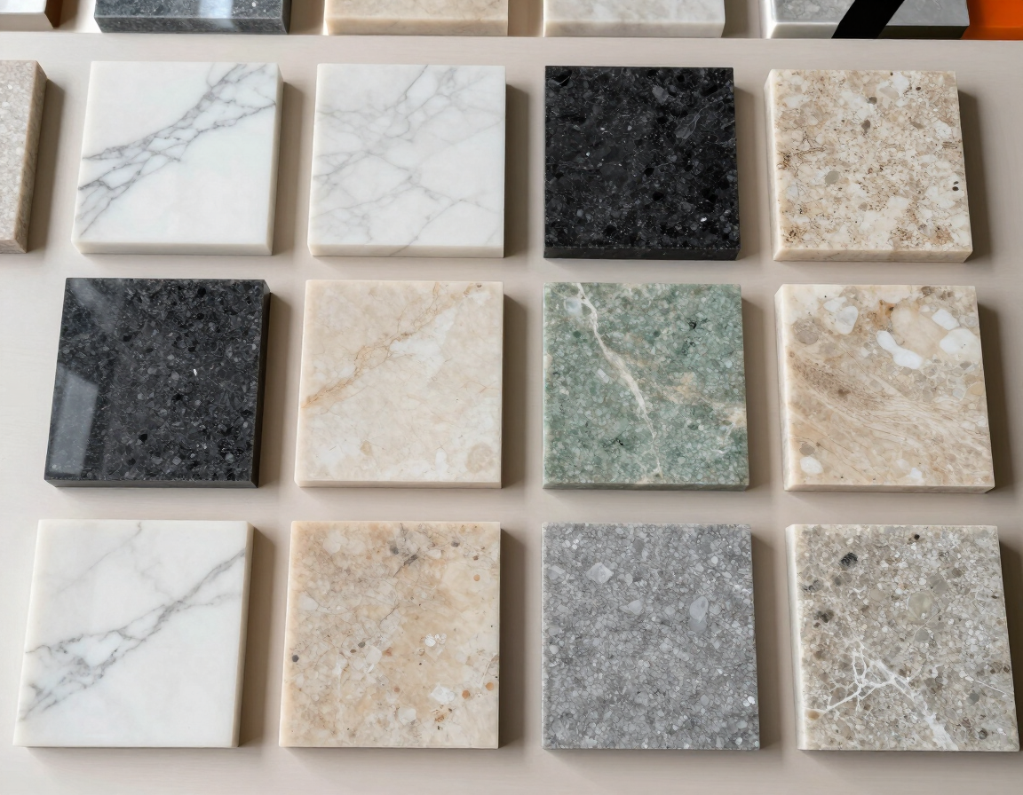 Muestras variadas de baldosas cuadradas de piedra en blanco, gris, negro y beige dispuestas en una cuadrícula.