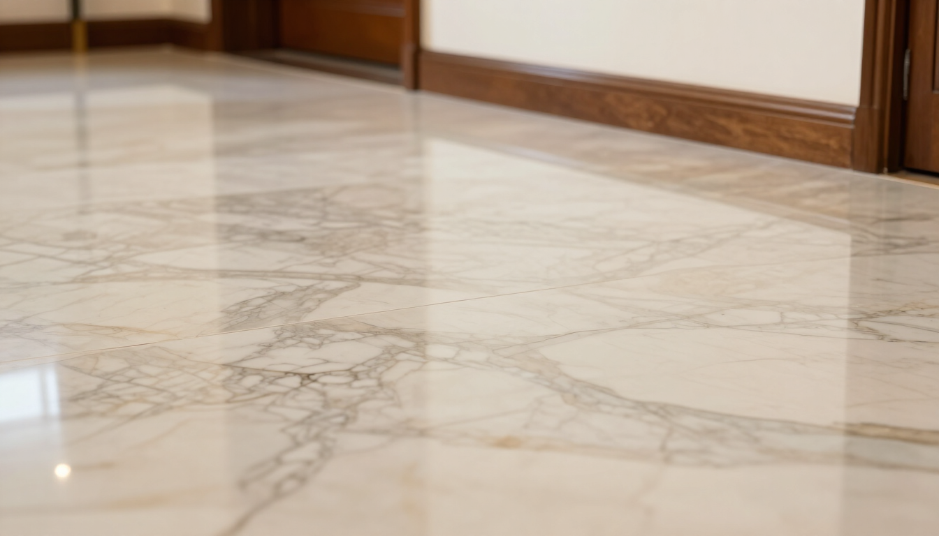 Suelo de mármol brillante, paredes beige y molduras de madera en un pasillo interior vacío