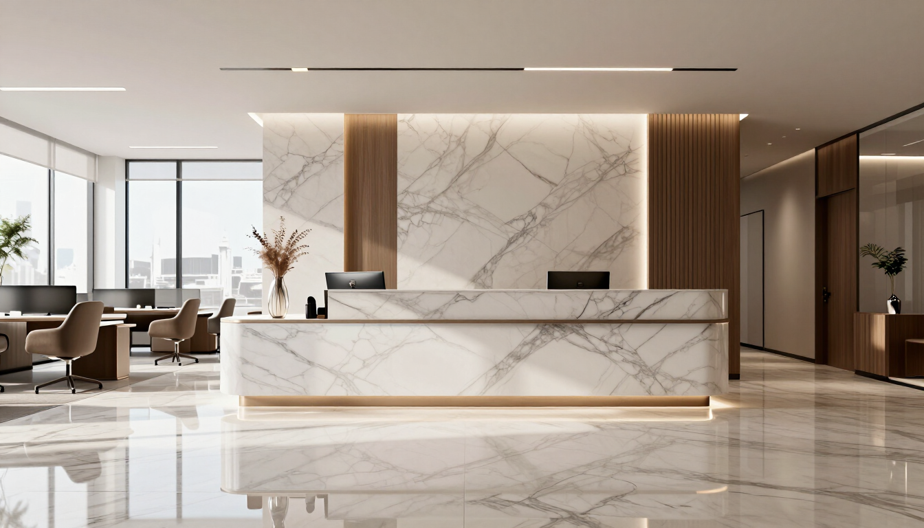 Vestíbulo de hotel moderno con mostrador de recepción