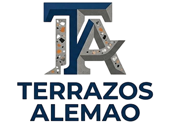 Logotipo de Terrazos Alemao con letras de color gris metálico y azul, y una textura de baldosas moteadas