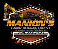 Manion's Lawn Management logo with excavator, truck, and mower over a house outline and phone number 270-724-2577
