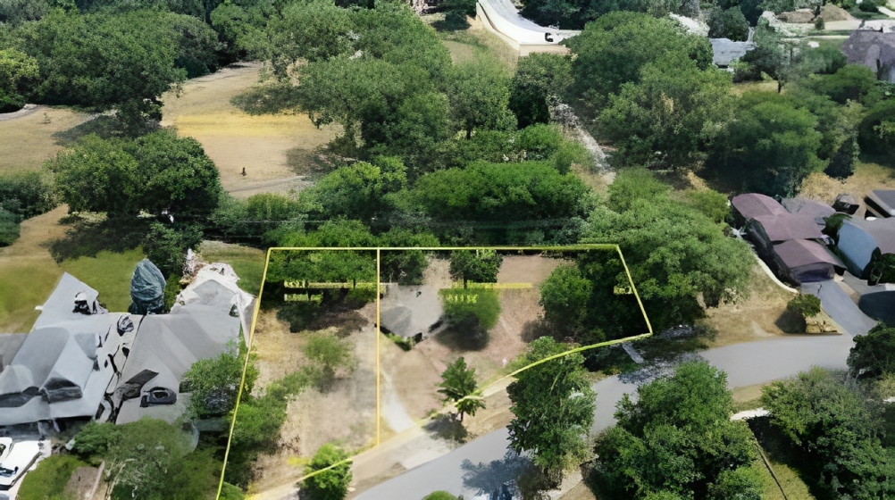 An aerial view of a residential area with lots of trees and houses