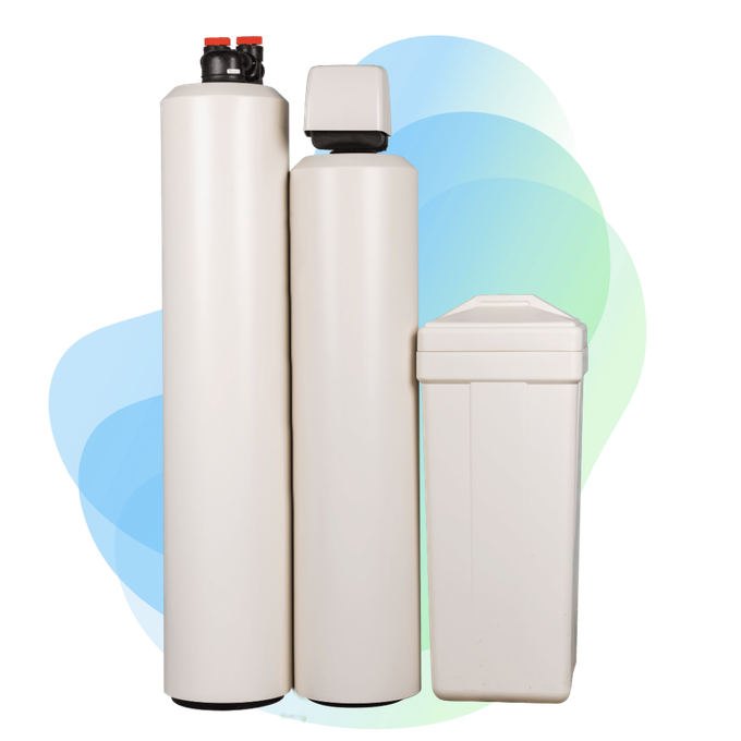 Water filtration system with three white tanks.