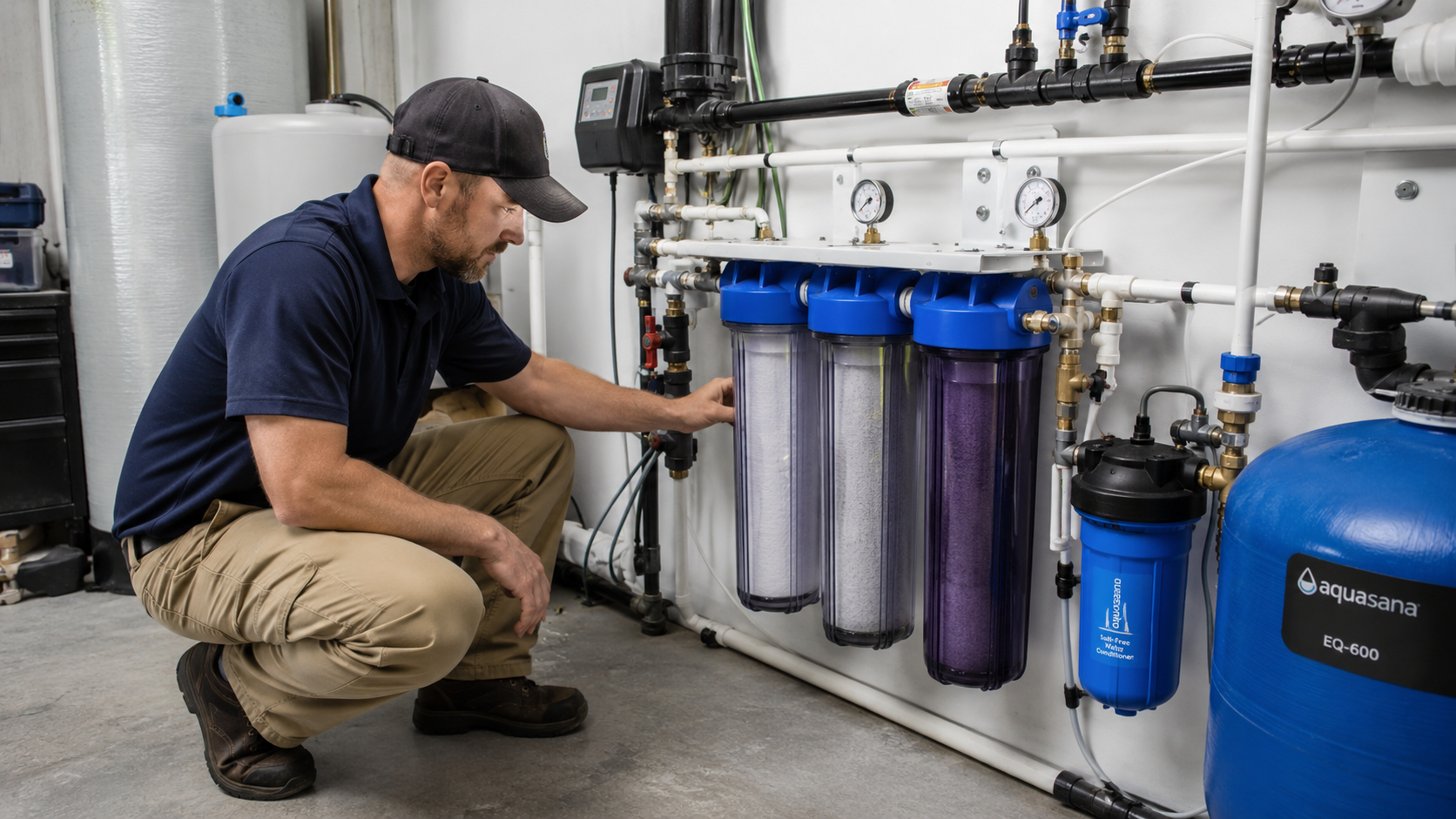 Water filtration system repair technician checking home equipment