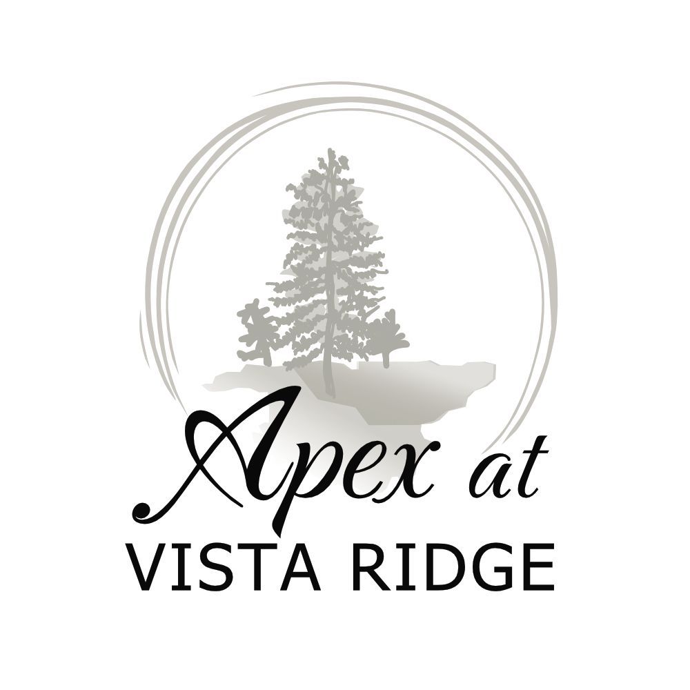 Apex at Vista Ridge logo with a gray tree inside a circular outline and black text on a white background