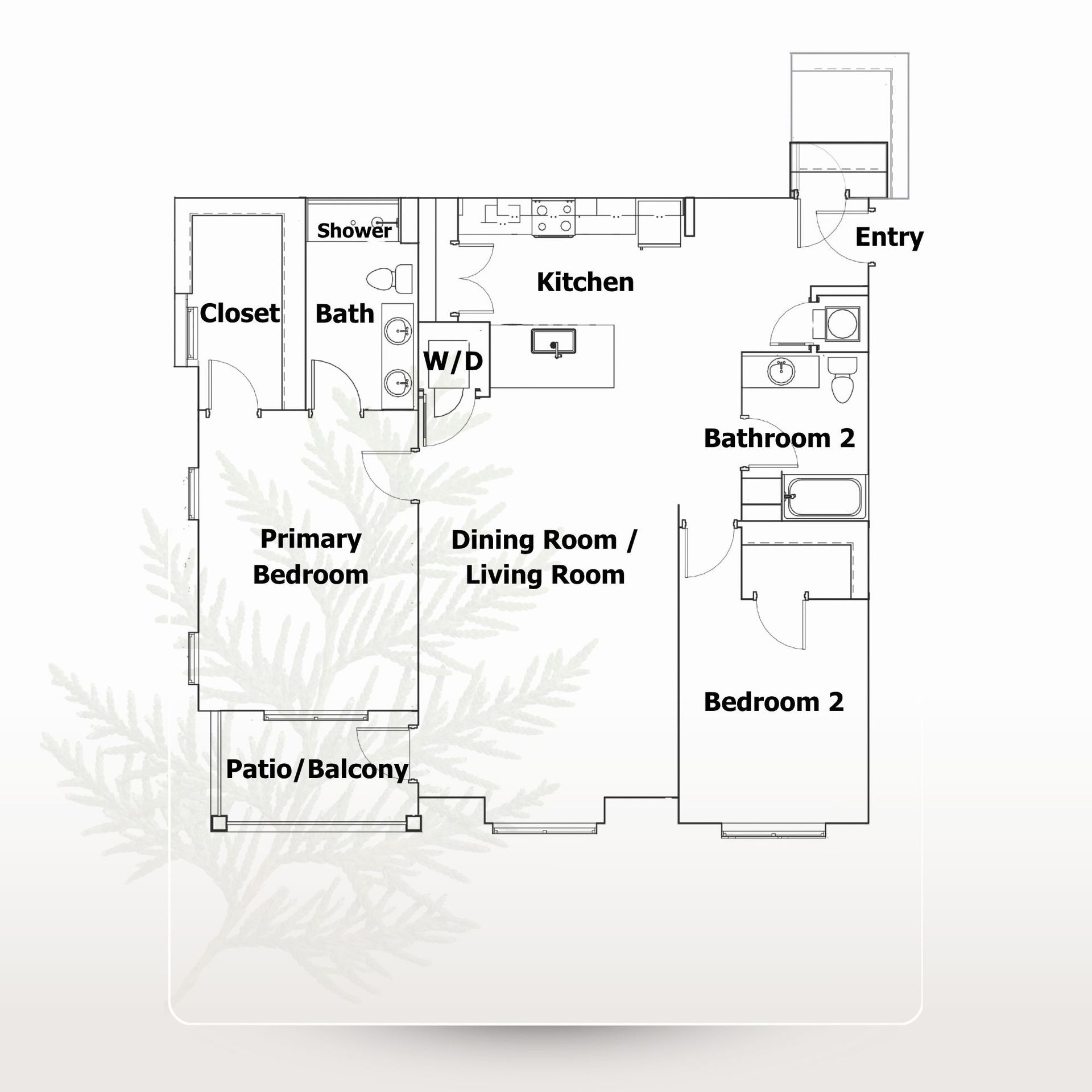 Apartment floor plan showing kitchen, dining/living room, two bedrooms, bath, closets, and patio/balcony.