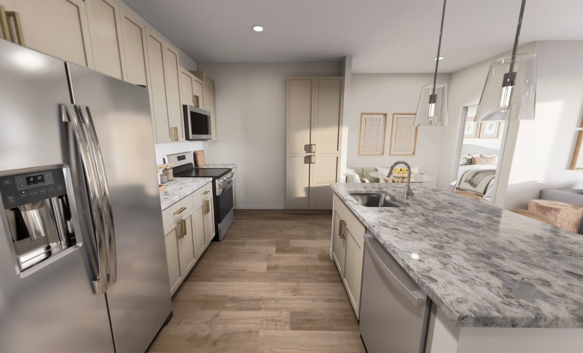 Modern kitchen with stainless appliances, white cabinets, and a large gray marble island.