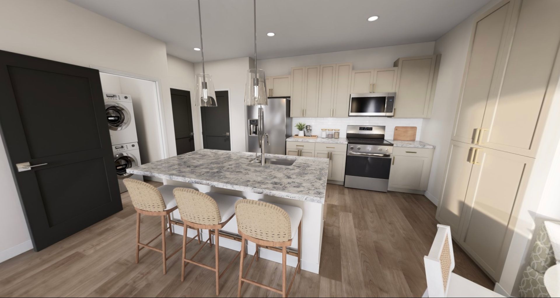 Modern kitchen with white cabinets, marble island, wood floors, and barstools in bright natural light