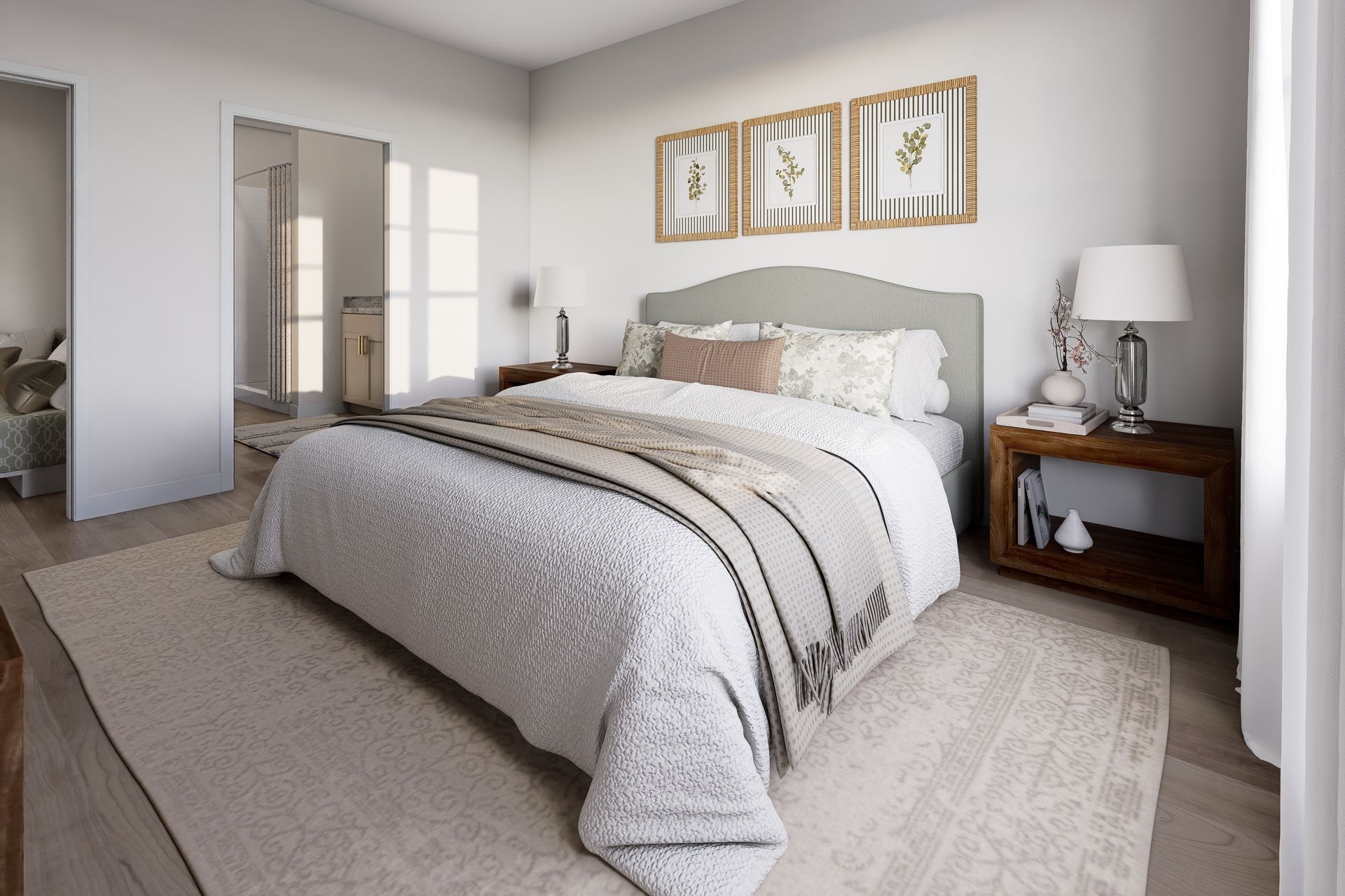 Bright bedroom with a neatly made bed, bedside lamp, mirror closet, and wall art.