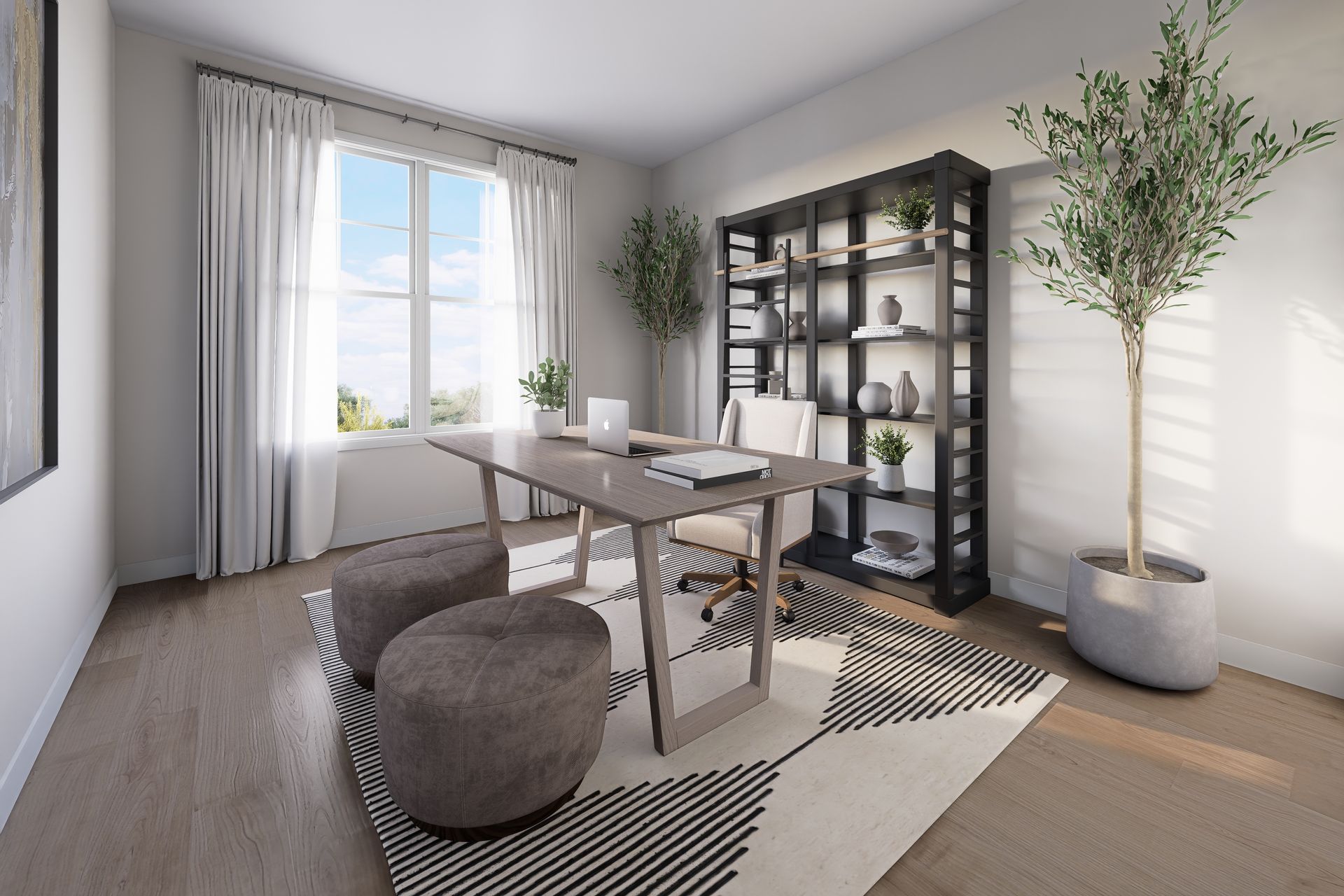Bright modern dining room with wood table, black shelving, and large windows with white curtains