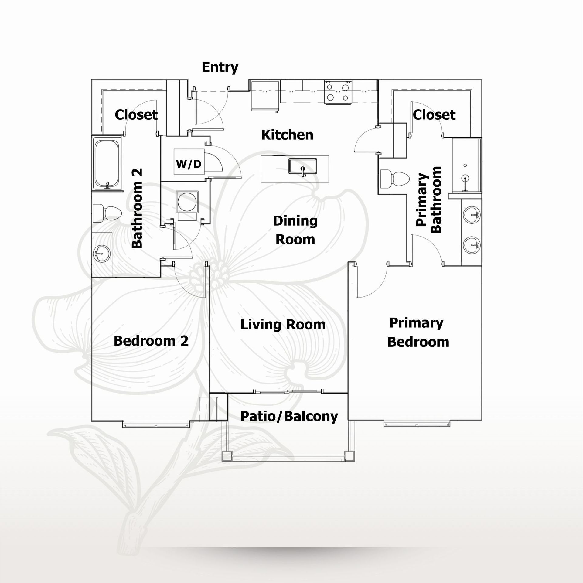 Apartment floor plan with kitchen, dining room, living room, primary bedroom, bedroom 2, closets, W/D, and patio/balcony
