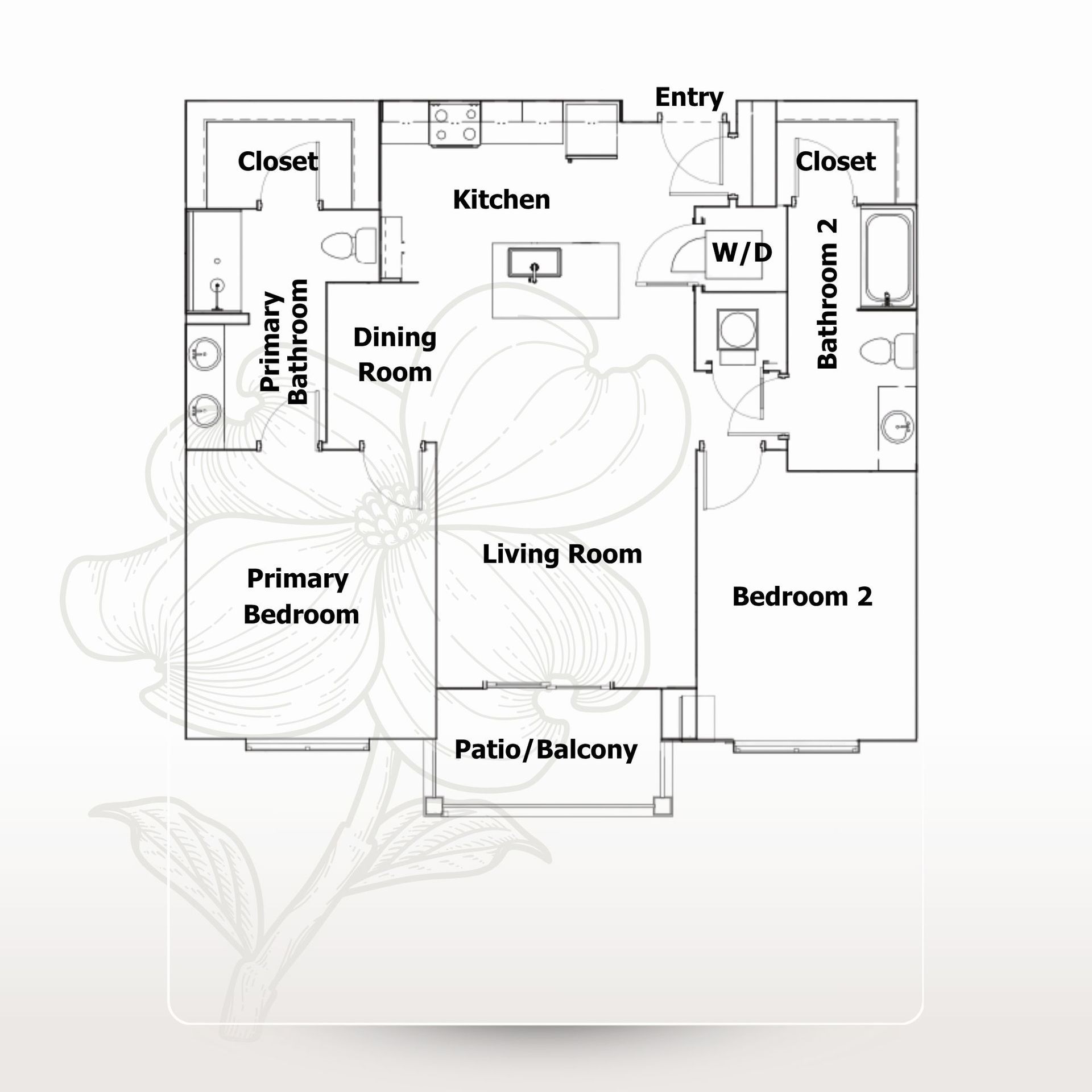 Apartment floor plan with kitchen, dining room, living room, primary bedroom, bedroom 2, closets, W/D, and patio/balcony
