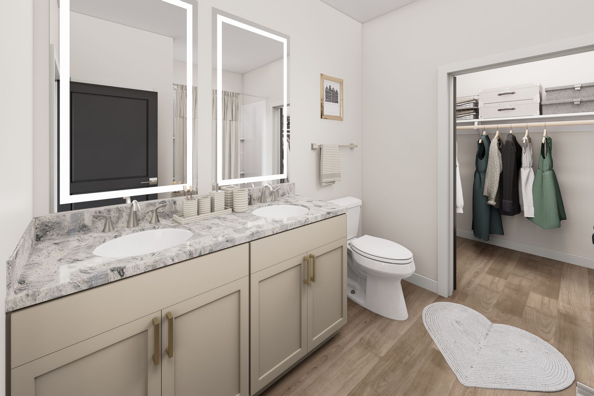 Bright bathroom vanity with double mirrors, white cabinets, toilet, and open closet in the background