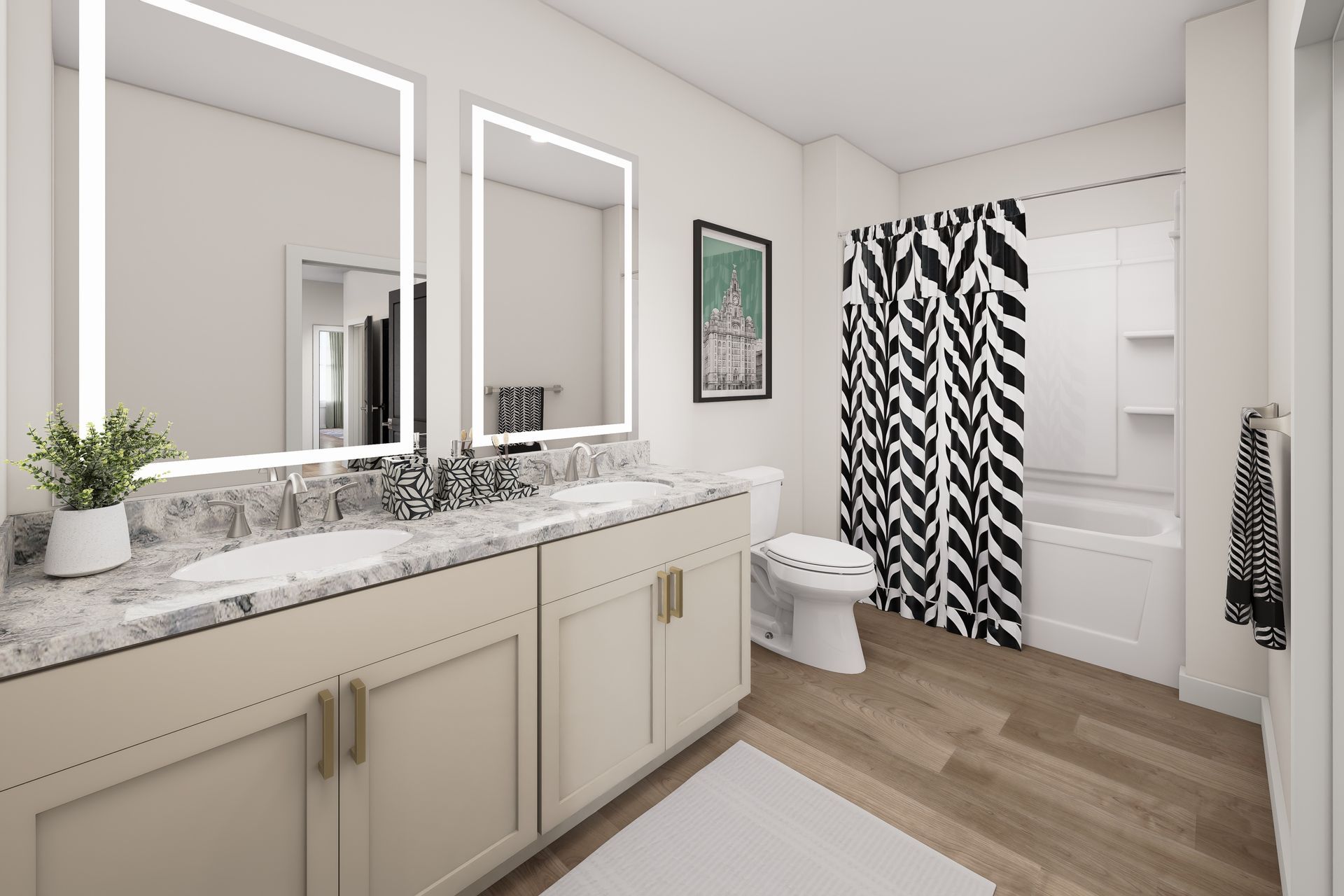 Bright modern bathroom with double vanity, marble countertop, mirrors, and black-and-white shower curtain.