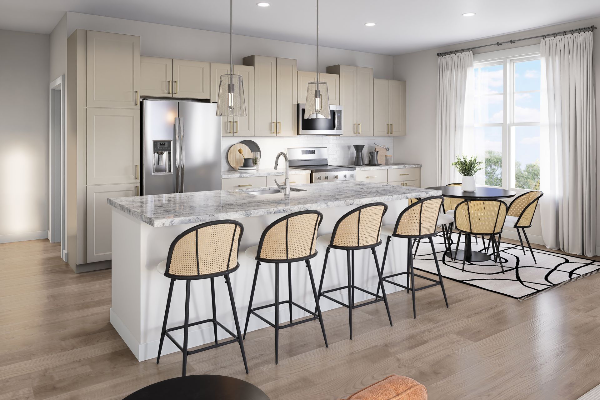 Modern kitchen with marble island, six woven bar stools, stainless steel appliances, and bright window seating