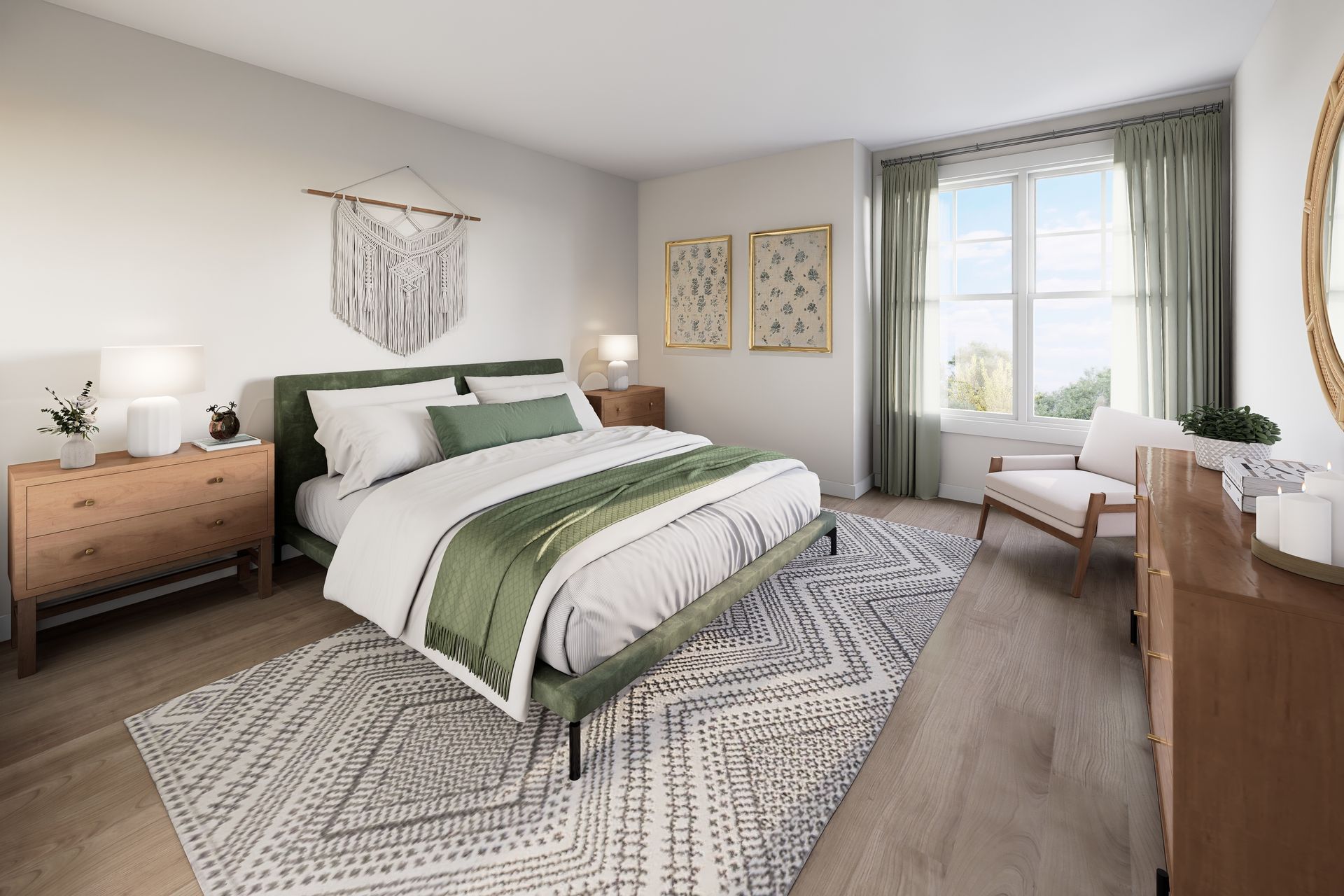 Bright bedroom with green-and-white bed, wooden nightstand, patterned rug, and window seating.