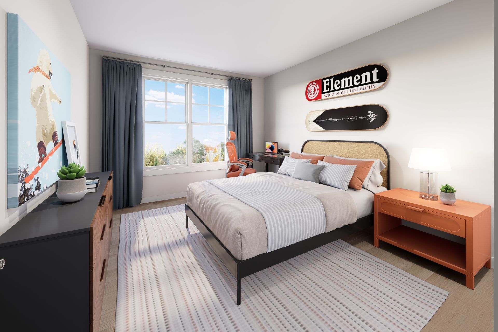 Modern bedroom with a bed, nightstands, wall art, and a large window with gray curtains