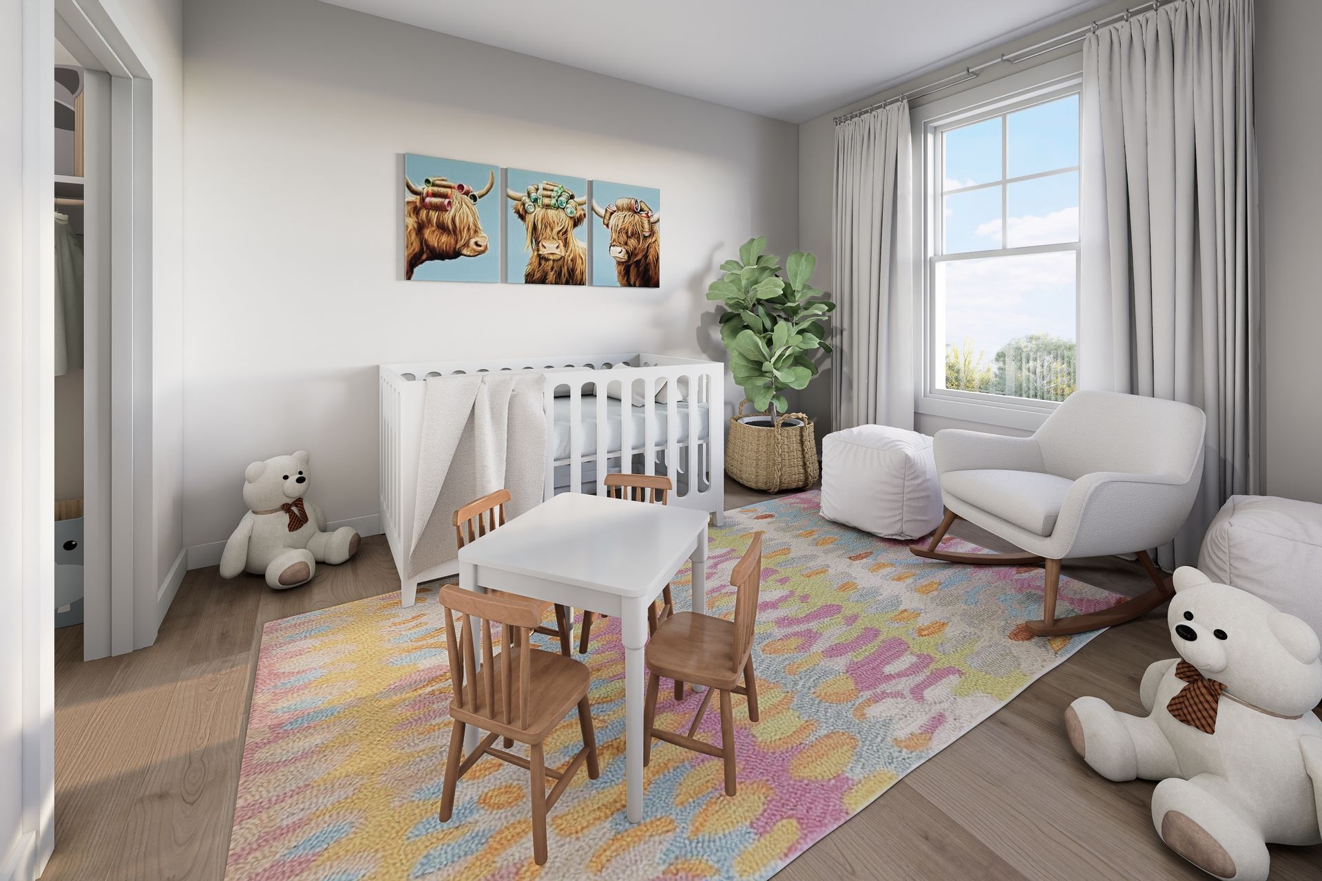 Bright nursery with white crib, pastel rug, toys, armchairs, and large window by the wall