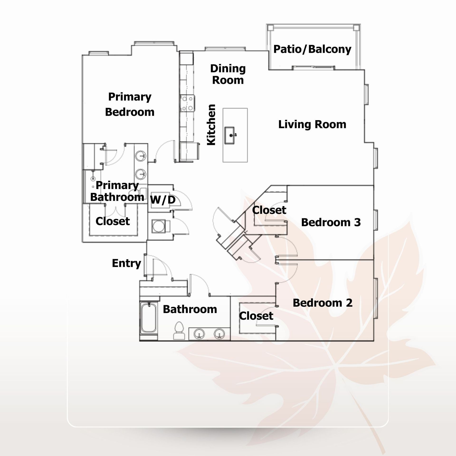 Apartment floor plan with primary bedroom, living room, kitchen, dining room, two bedrooms, baths, closets, and patio/balcony