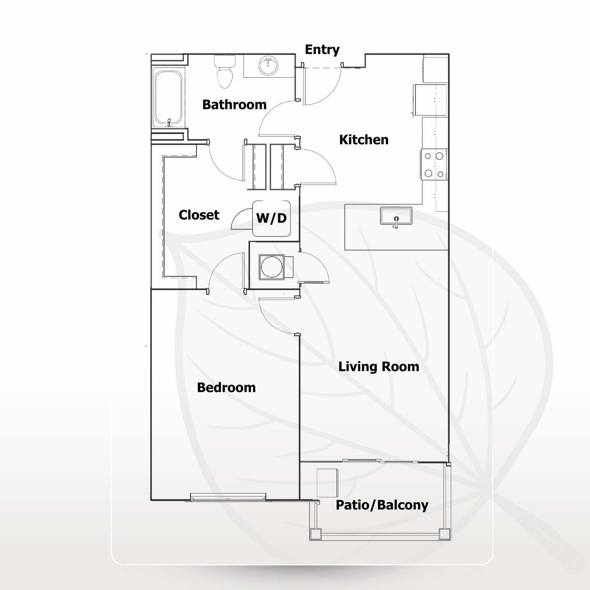Floor plan of a small apartment with kitchen, bathroom, bedroom, living room, closet, and patio/balcony.