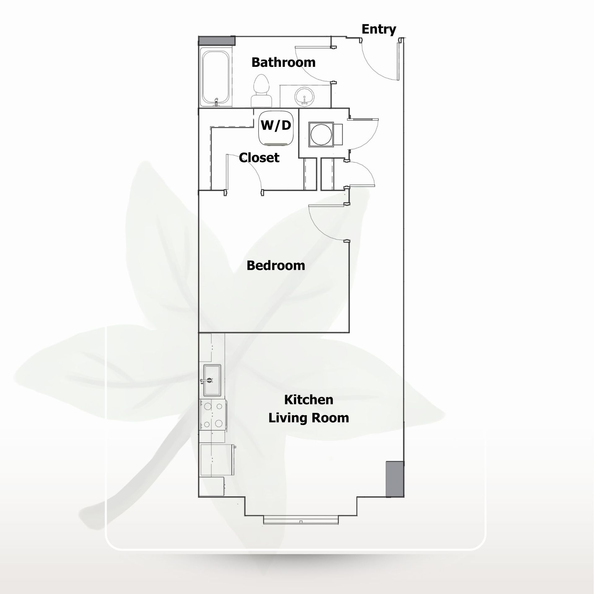 Apartment floor plan with entry, bathroom, W/D closet, bedroom, and kitchen living room.