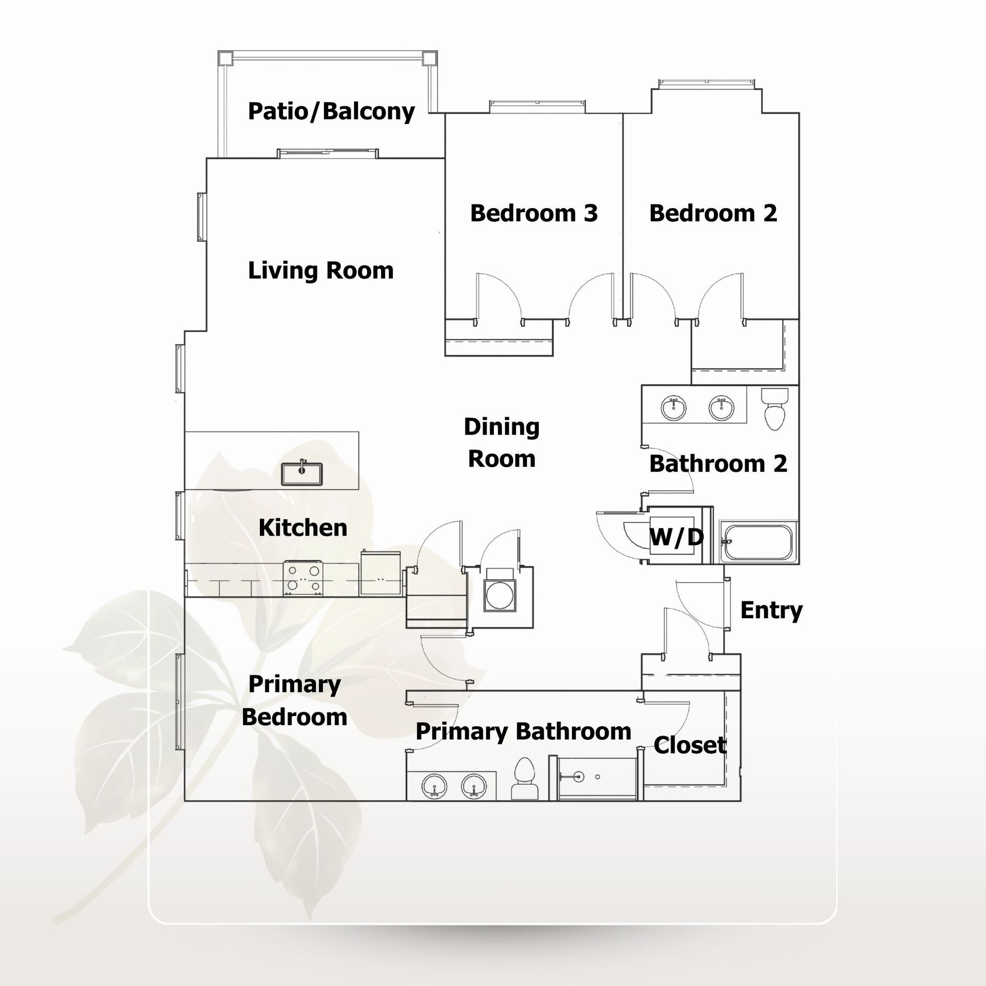 Apartment floor plan with living room, kitchen, dining room, bedrooms, bathrooms, patio, entry, closet, and W/D