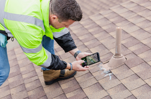 Hands inspecting a gray corrugated roof with a leaf and green safety vest visible