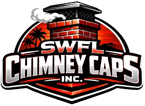 Logo for SWFL Chimney Caps Inc. featuring a brick chimney, palm trees, and smoke against a red sunset background.