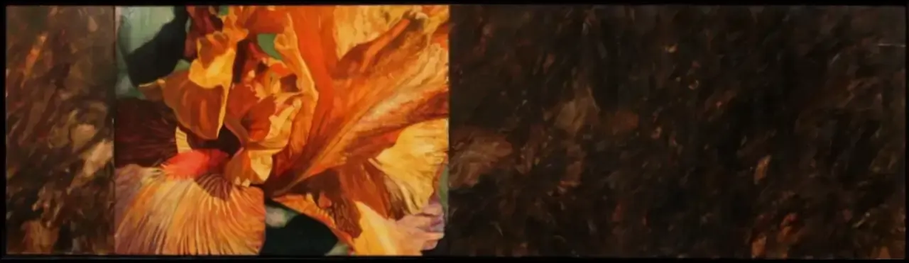 Abstract orange and dark brown floral-like artwork with layered petals or leaves in warm light